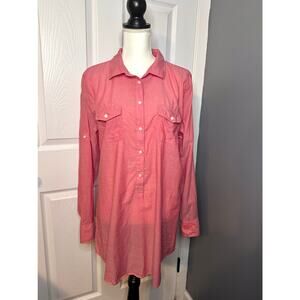 J. Crew Chambray Popover Tunic Shirt Roll Tab Long Sleeve Red Size Large
